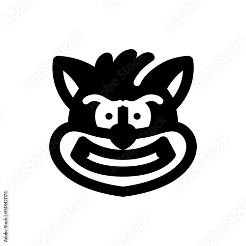 Cartoonish black and white animal face with prominent ears and a wide grin displaying teeth fully visible
