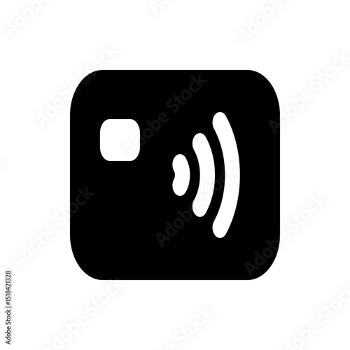Black credit card with white chip and contactless payment symbol in a simple and modern design style