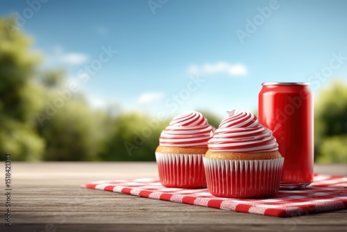 Wallpaper Mural Delicious American flag themed cupcakes and soda cans beautifully arranged on a picnic table with a classic checkered cloth. Torontodigital.ca