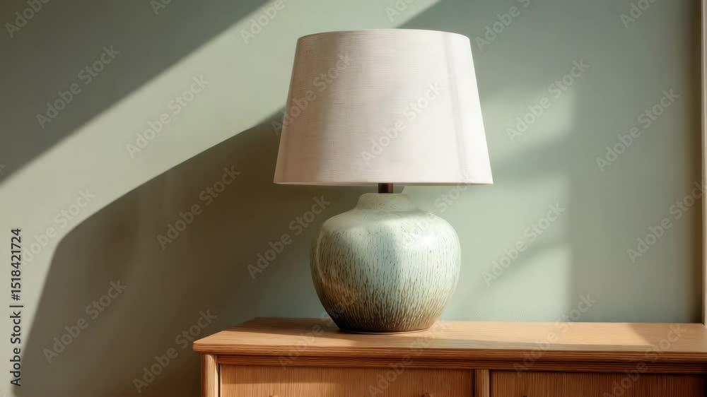 Ceramic table lamp lit on a wooden surface