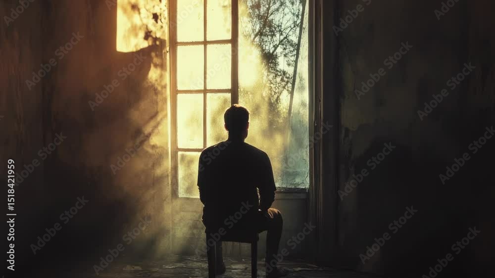 A person sitting in a chair with a view outside the window