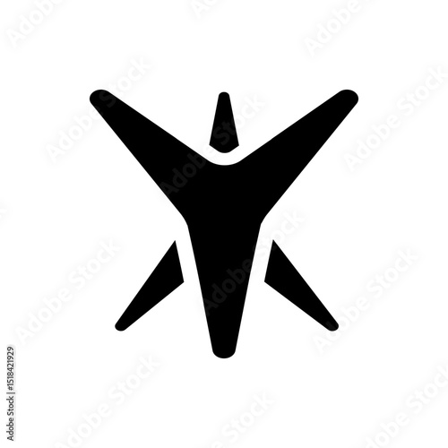 Abstract black geometric shape with three arms and central spike on a white plain background design