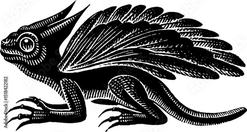 Intricate alebrije figurine engraving with winged details in black on white background