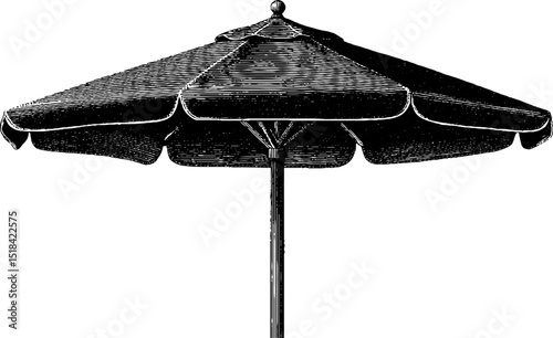 Engraved vintage beach umbrella design. Retro black and white illustration with shaded parasol and detailed etching.