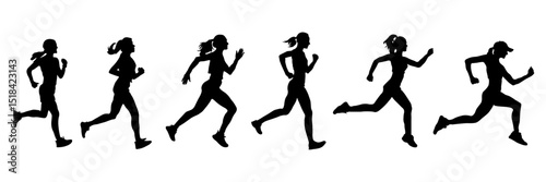 Athletic running women, black vector icons. Group of running girls, silhouettes. Vector silhouettes of athletic women in motion