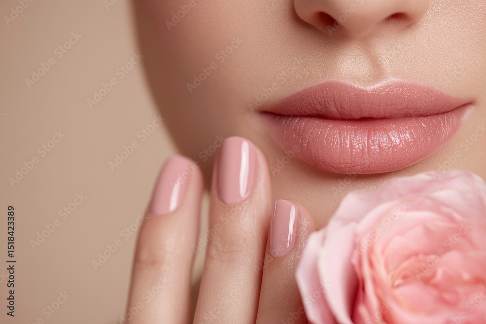 Obraz premium Closeup of a womans lips and fingers holding a pink rose showcasing matching pink lipstick and nail polish