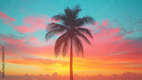 Silhouetted palm tree at vibrant sunset