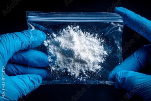 Drug evidence bag held by forensic investigator in a lab setting