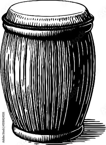Intricate engraved illustration of a bold conga drum with black lines