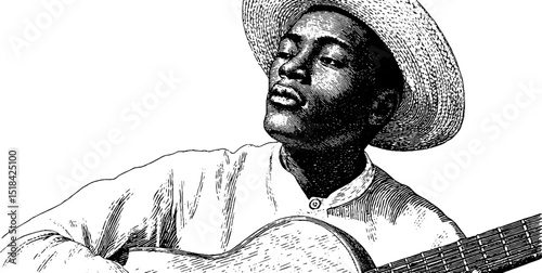 Cuban street musician in traditional hat playing guitar - engraved art