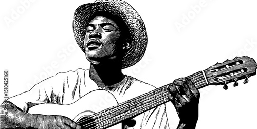 Engraved illustration of cuban street musician playing guitar for cultural art design