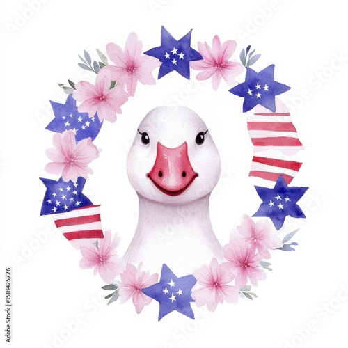 Wallpaper Mural 4th of July A charming goose portrait is framed by a festive wreath of blossom and patriotic emblem. Torontodigital.ca