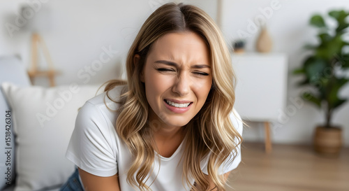 Free Download Young Woman Suffering from Stomach Pain at Home | Female Holding Abdomen with Pained Expression, Experiencing Cramps or Digestive Discomfort Indoors - GFXLoad