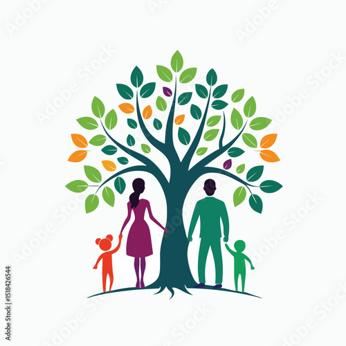 Tree of life decoration with vector silhouettes of father, mother, sister, and brother's love with Adobe Illustrator Artwork