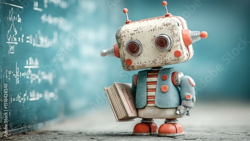 Toy robot teacher holding physics book beside chalkboard with equations