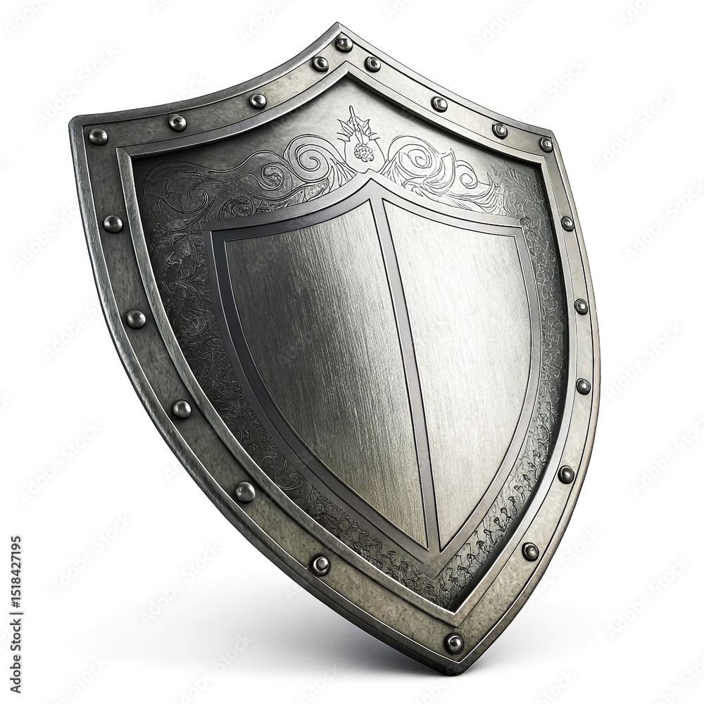 Ornate Medieval Shield, Metal, 3D Render isolated on white background Ornate Medieval Shield, Metal, 3D Render isolated on white background