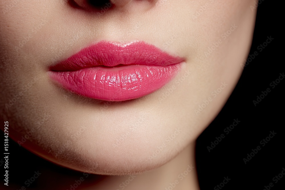 Fototapeta premium Closeup shot features lips coated in shiny pink lipstick set against a stark black background