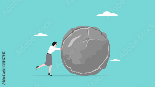 effort to achieve business goals or target, Obstacles and challenge at work, business heavy tasks and problems concept vector illustration, Businesswoman pushing huge stone illustration