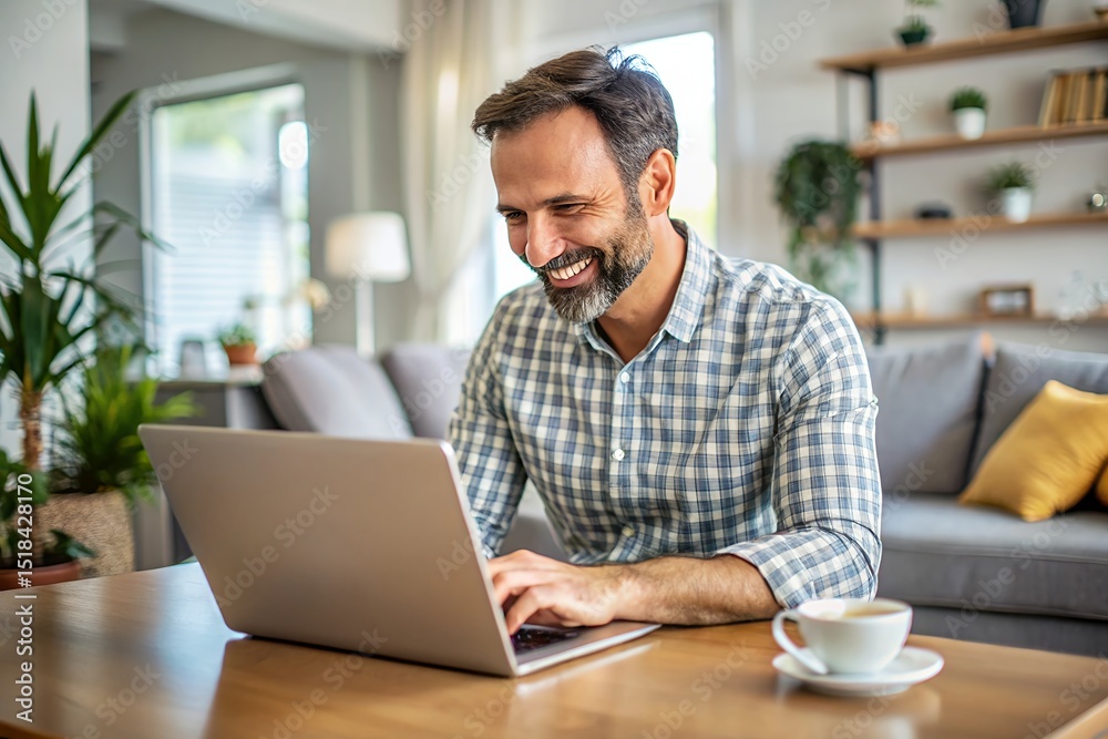 Happy Man Working from Home on Laptop Computer Happy Man Working from Home on Laptop Computer