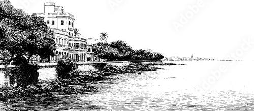 Coastal urban scene illustration with historic architecture and promenade