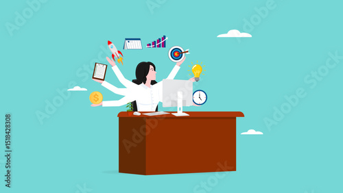 professional businesswoman manage multiple project at the some time work with computer, multiple project management concept illustration, juggle multiple project concept, multitalented worker concept