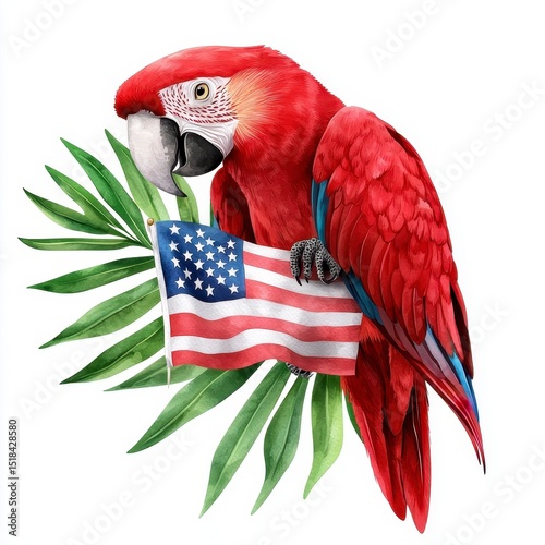 4th of July Illustration of a macaw holding a national emblem with tropical foliage a vibrant design. photo