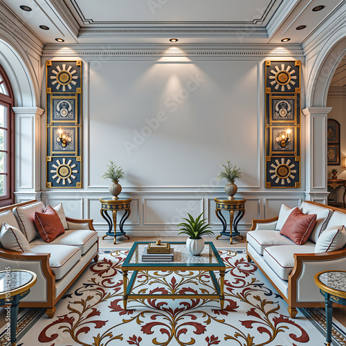 A luxurious and elegantly designed living room with a clear influence of modern interior aesthetics