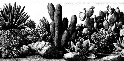 Engraved illustration of a diverse mexican cactus garden landscape design