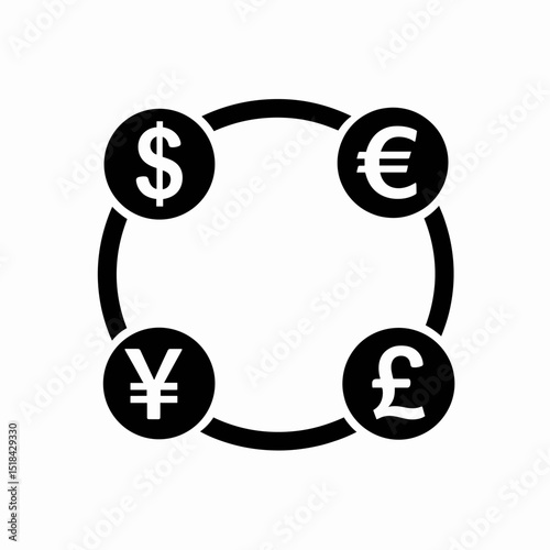 Currency exchange icon with Dollar, Euro, Yen, and Pound symbols in a black circular arrangement on a transparent background