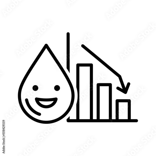 Water saving or consumption reduction icon with a smiling water drop and a declining bar graph, black outline