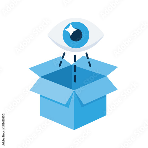 Product view or unboxing icon with a blue open box and a large eye symbol hovering above