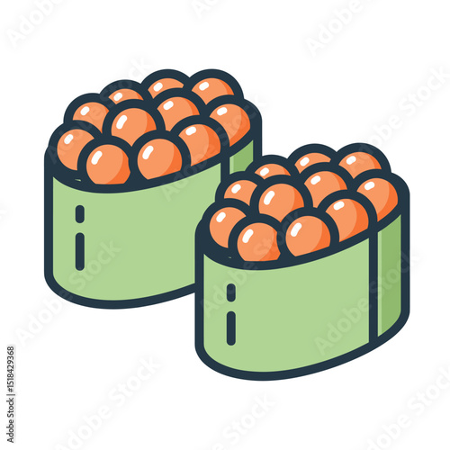 Two pieces of Gunkanmaki sushi with orange roe (Ikura) and green nori seaweed, Japanese cuisine illustration