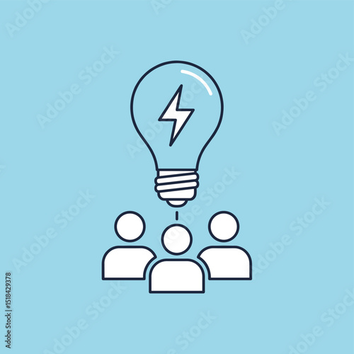 Brilliant idea or teamwork innovation concept with a lightbulb and lightning bolt above three people icons, outline style