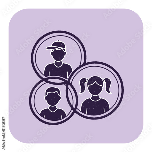 Dependent care icon with three stylized children in overlapping circles on a purple background, symbolizing family or childcare