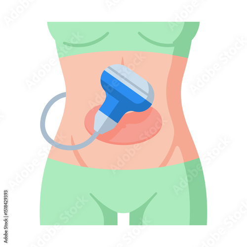 Ultrasound transducer on a person's abdomen, representing medical imaging, sonogram, or diagnostic procedure