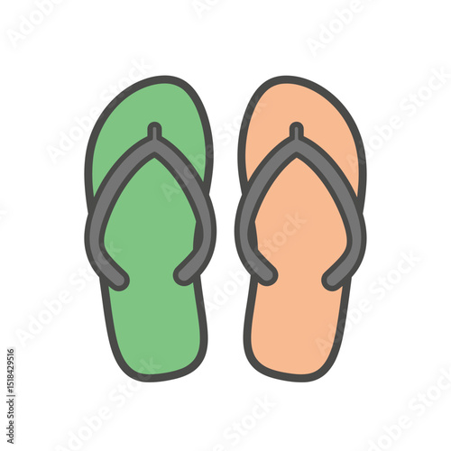 Pair of flip-flops, one green and one orange, with grey straps, representing summer footwear