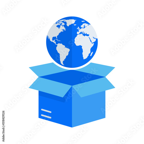 Earth globe emerging from an open blue box, symbolizing global shipping or unboxing the world