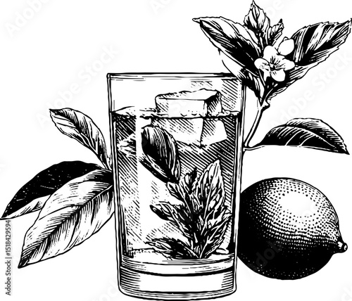 Vintage engraved mojito cocktail art with lime and mint leaves
