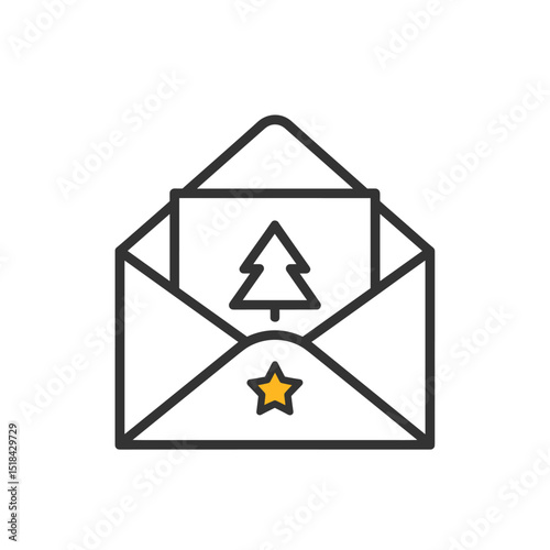Open envelope icon with a Christmas tree card and a yellow star, representing holiday greetings