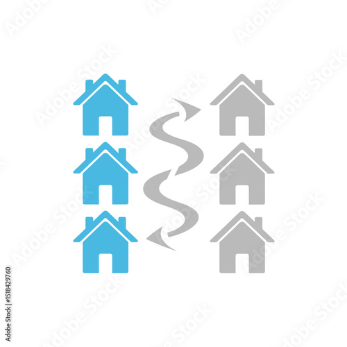 Home transition or comparison icon with blue houses, grey houses, and S-shaped arrows