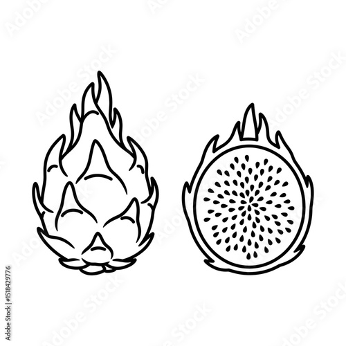Black outline illustration of a whole dragon fruit and a cross-section showing seeds