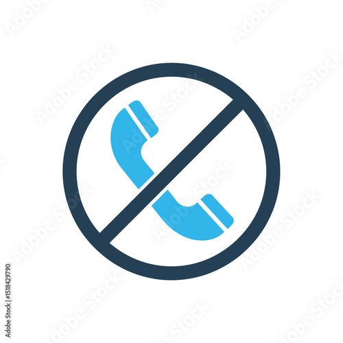 No calls or call blocking icon with a blue telephone receiver crossed out in a dark blue circle