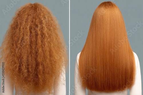Transformation of curly hair to straight, sleek style in hair salon