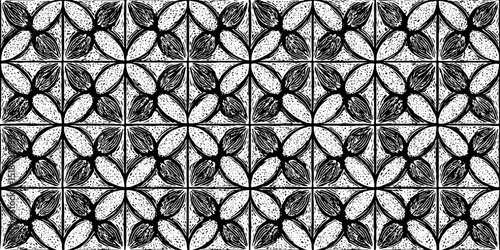 Engraved illustration of mosaic tile pattern. Black and white geometric design with intricate detailed decoration.