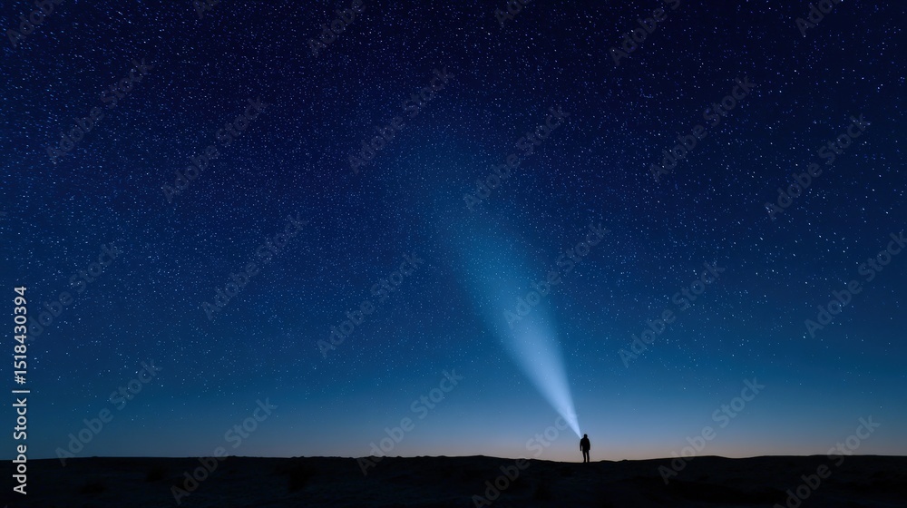 Silhouette of person shining light towards starry night sky. Adventure, solitude, discovery, dark sky, astronomy. Silhouette of person shining light towards starry night sky. Adventure, solitude, discovery, dark sky, astronomy.