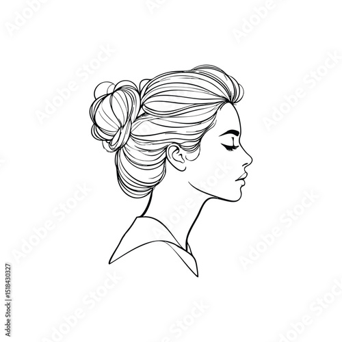 Beautiful woman profile line art illustration with elegant hairstyle in black and white minimal sketch style