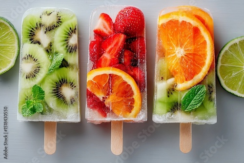 Fresh fruit popsicles made with kiwi, strawberry, and orange on a wooden surface