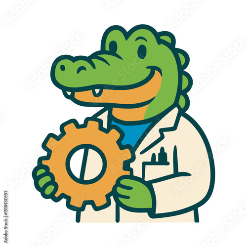 Mascot of crocodile with a gear. An inventor, engineer. 