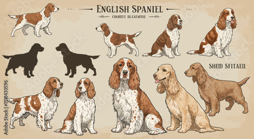 Detailed Illustrations of Various English Spaniel Dog Breeds