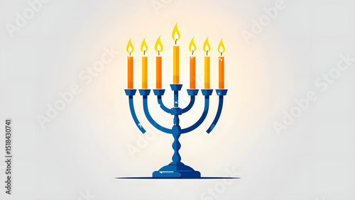 Menorah with seven lit candles in blue and orange colors, symbolizing festive and warm celebration with glowing flames